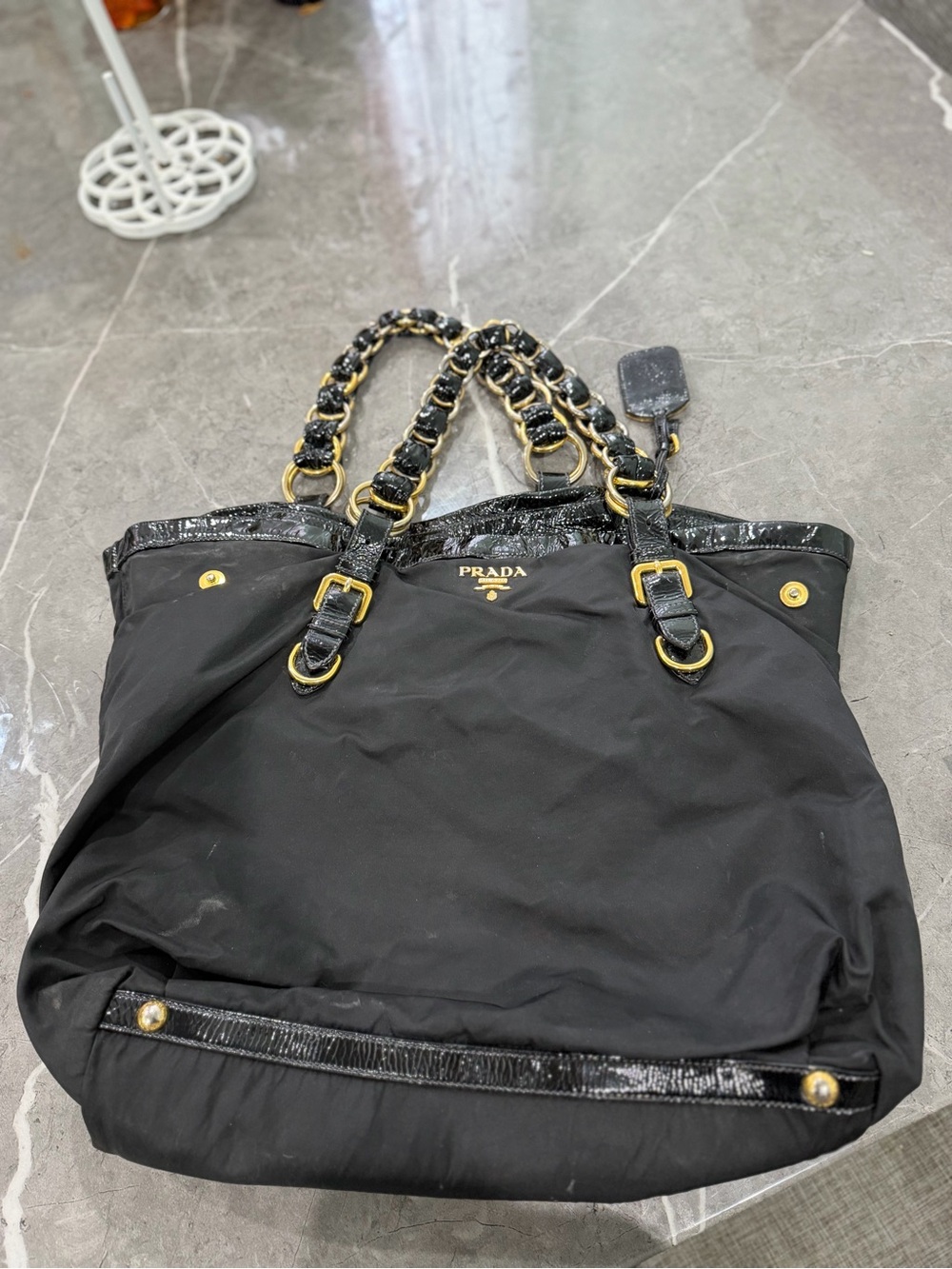Prada Black Nylon Tote with Gold-Tone Chain Handles